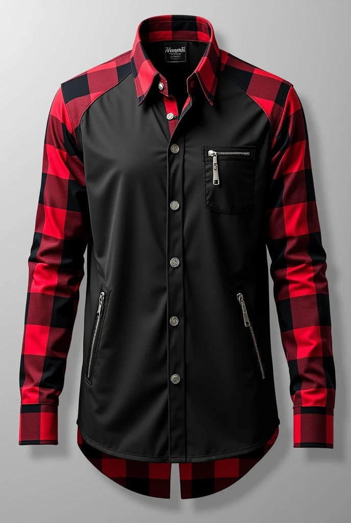 Raglan social shirt, with zipper on top, buttons on the body in the center, open bottom without zipper or buttons, with black shirt body, with long sleeves black and red plaid all over, small beginning of the all black folded sleeve, bottom of red and black plaid shirt, large red and black plaid collar, two zippered pockets, One on Each Side, men's fashion