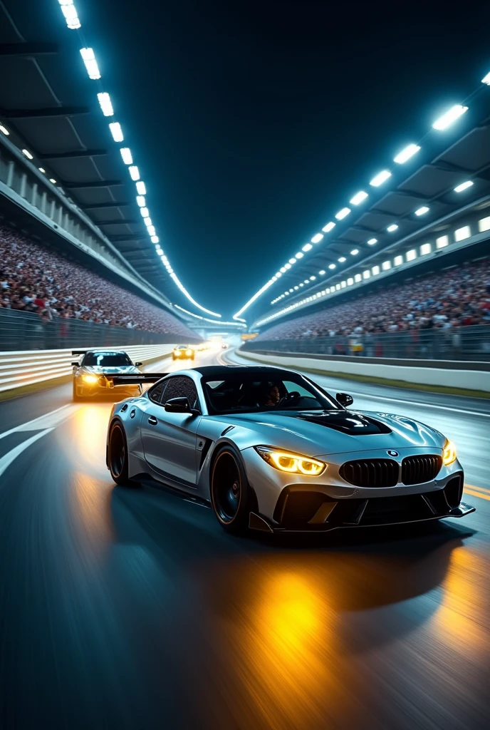 BMW cars on a race track at night with yellow headlights on and thousands of people on the Brazilian track