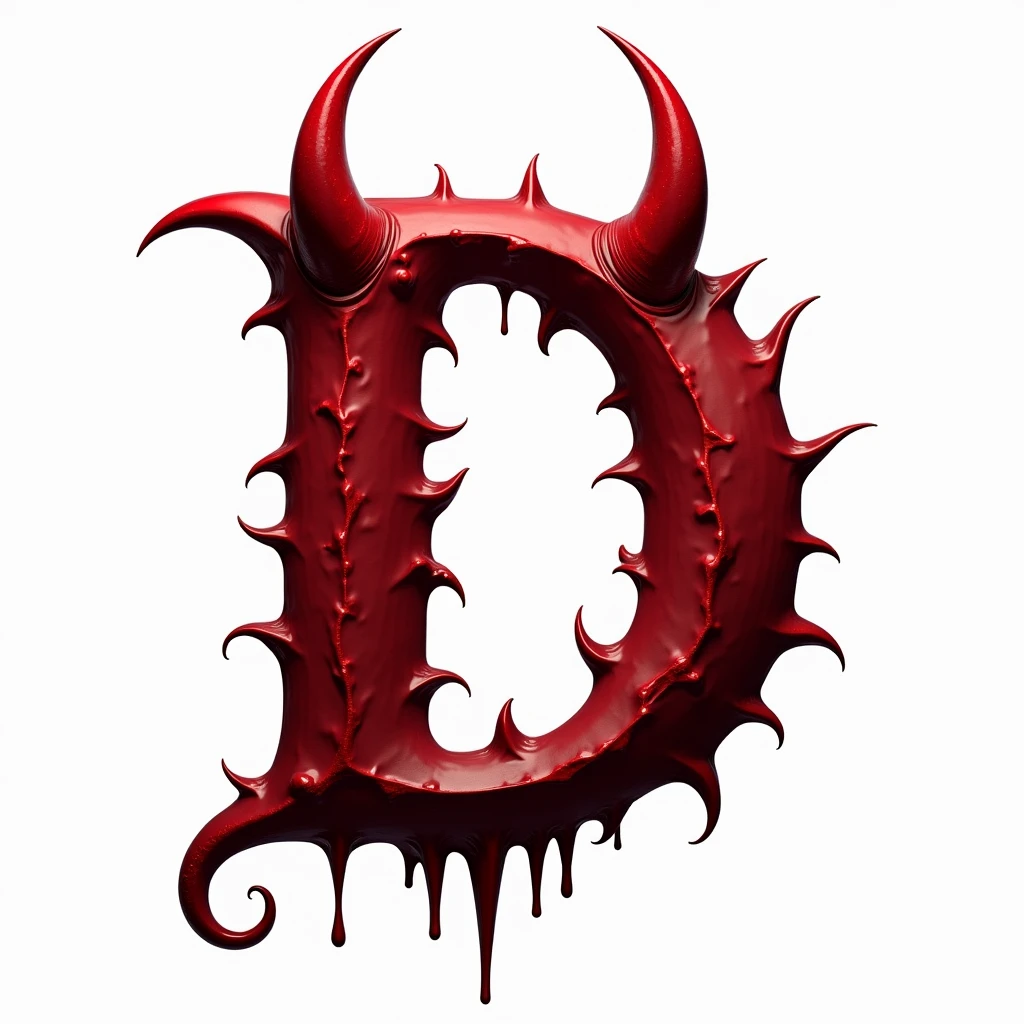 a sexual striking red letter D with demon horns and a tail, creating an impression of sexuality and power. White background. High-resolution.