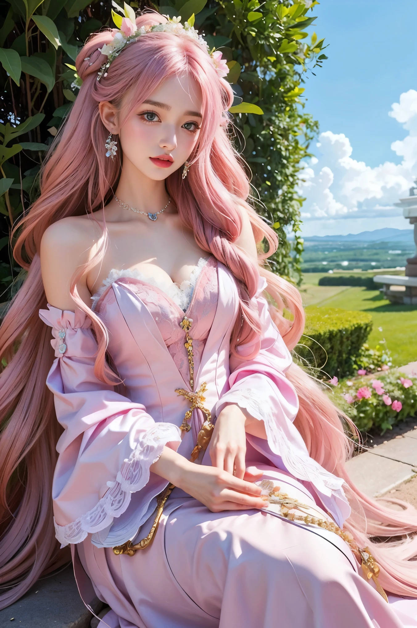 Highly stylized fantasy portrait。She has fair skin and striking large blue eyes.、Beautiful and sensual woman。Adorned with pink feathers and flower accessories、Voluminous curly pink hair。The costumes are、Reminiscent of 18th century fashion、Featuring intricate lace and floral details、An exquisite pastel gown。In the background、Soft and fluffy clouds in pastel colors、It gives off a fantastical, dreamy vibe to this image.。The overall configuration is、The emphasis is on delicate and glamorous elements.、Elegant and whimsical。