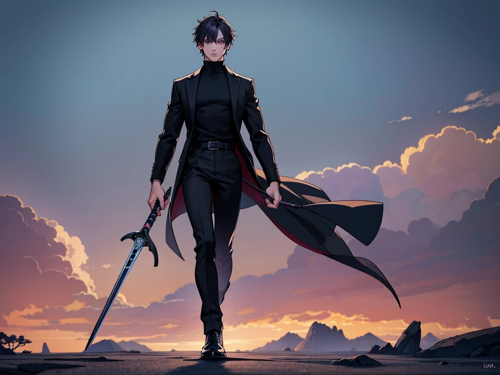 ((high definition, lighting)), ultra-detalied, 1male, solo, thin build, 190 cm tall, full body focus, dark violet hair, violet pupils, only in black turtleneck with long sleeve, only in black pants with black belt, only in black socks, only in black shoes, full black two-handed sword, looks at the viewer, calm look, high detail anatomy, high quality image, calm stance with hands in pocket, detailed body, high-quality image, high-quality details, short hair, ((anime style)), masterpiece, best quality, highres, super detail, accurate, high details, 4K, UHD,