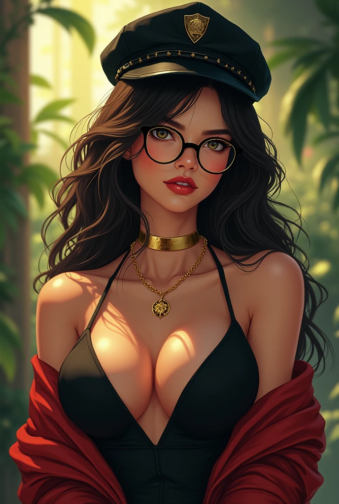 Make a sexy woman with a cap and gold necklace with glasses and Gohan by her side