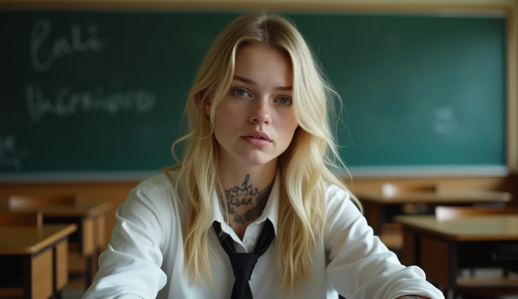 Actress Ellen Fanning sits in what appears to be a classroom setting. He has long blond hair and wears a shirt with a tie., which adds a formal yet youthful touch to your appearance. His gaze is directed towards the viewer, with a calm and introspective expression, that together with his slightly parted lips, adds to your contemplative attitude. His most notable features include the tattoo visible on his neck, what does it say "cali" in a delicate handwriting, and another intricate tattoo on his arm, which suggests a mix of elegance and nervousness in his character. the bottom, although slightly blurry, clearly shows traditional classroom elements, like desks and blackboards, that contrast with its modern and somewhat rebellious aesthetic. This juxtaposition evokes a sense of individuality and defiance compared to conventional environments.