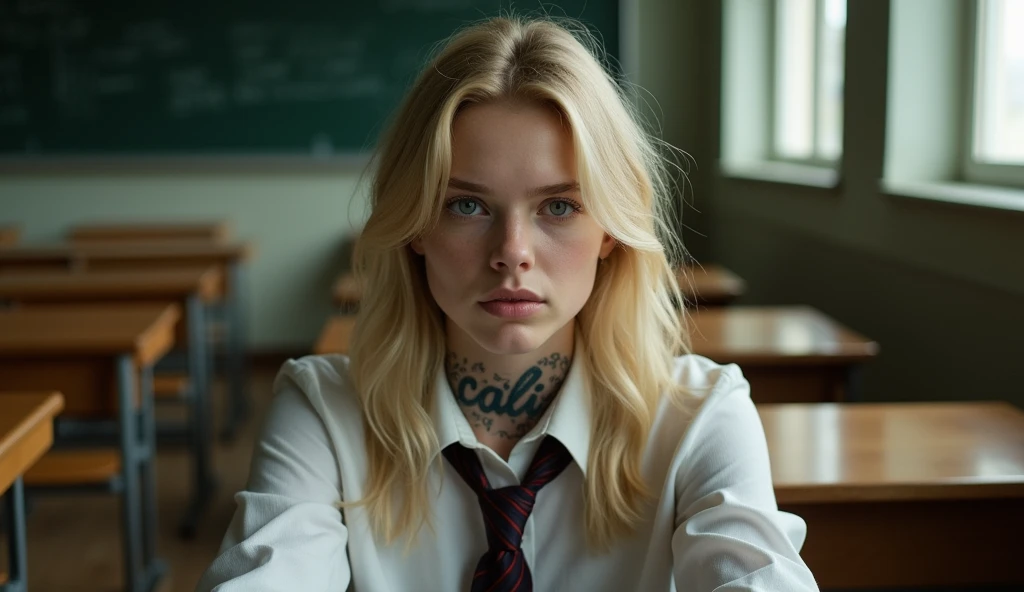 Actress Ellen Fanning sits in what appears to be a classroom setting. He has long blond hair and wears a shirt with a tie., which adds a formal yet youthful touch to your appearance. His gaze is directed towards the viewer, with a calm and introspective expression, that together with his slightly parted lips, adds to your contemplative attitude. His most notable features include the tattoo visible on his neck, what does it say "cali" in a delicate handwriting, and another intricate tattoo on his arm, which suggests a mix of elegance and nervousness in his character. the bottom, although slightly blurry, clearly shows traditional classroom elements, like desks and blackboards, that contrast with its modern and somewhat rebellious aesthetic. This juxtaposition evokes a sense of individuality and defiance compared to conventional environments.