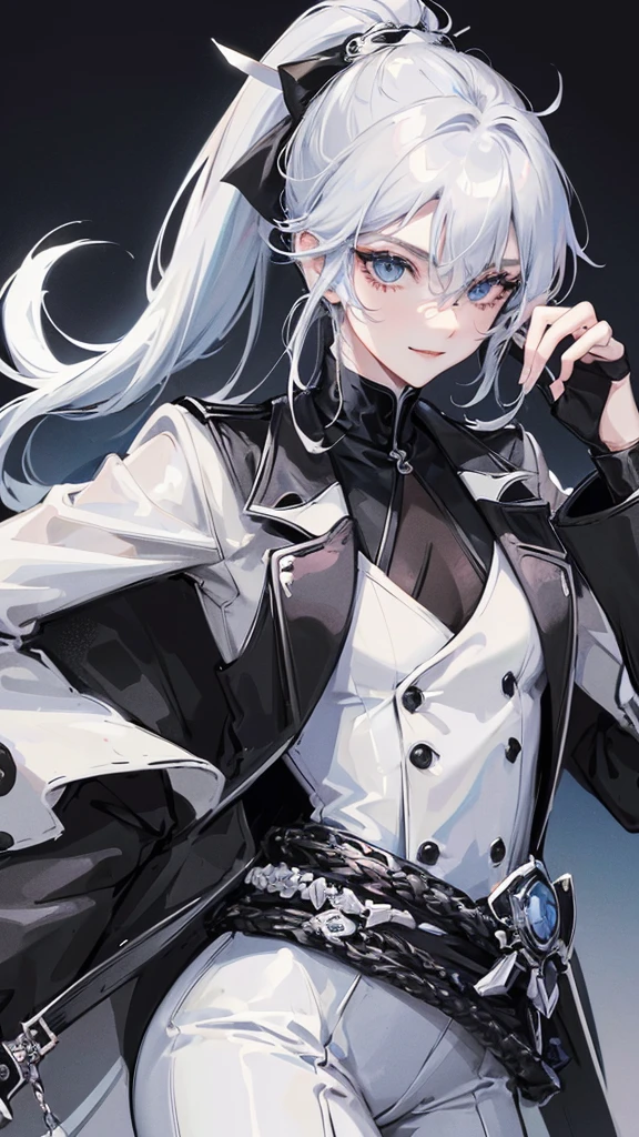 1 boy, anime, futuristic setting, elegant, fancy, tuxedo, high quality, intricate details, black bear ears, waist belt, chain accessories, pale blue eyes, panda aesthetic, butler outfit, smirk, ponytail, hairclips, pistol holster, androgynous, closeup, beauty marks, elegant setting, panda ears, gloves, rings, black and white hair