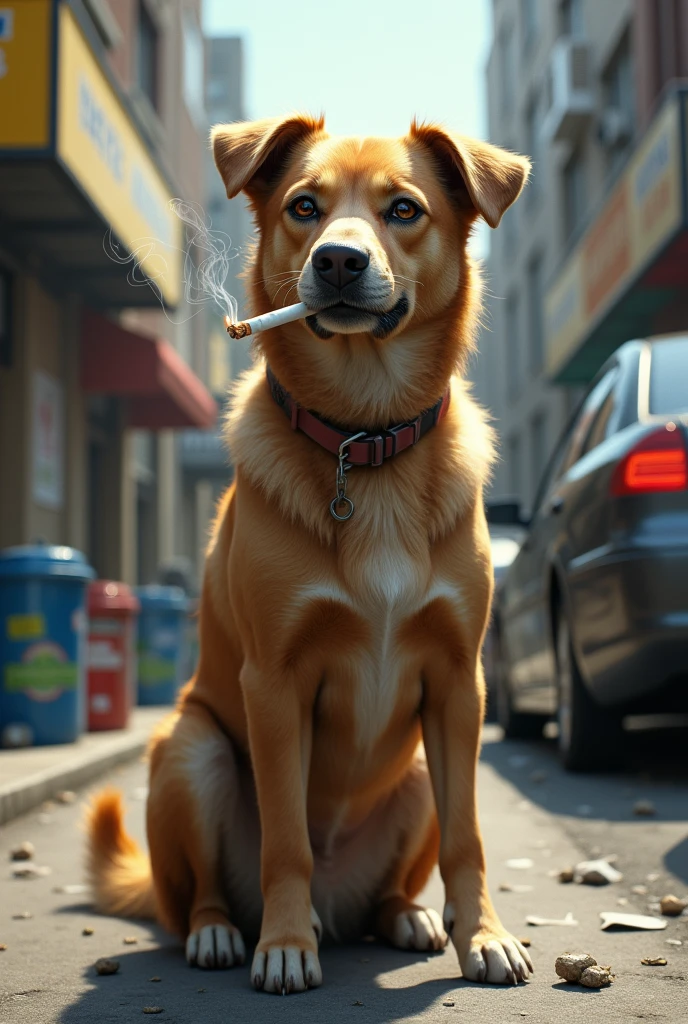 Dog smoking standing up but all very realistic and on the street but a super realistic dog very realistic
