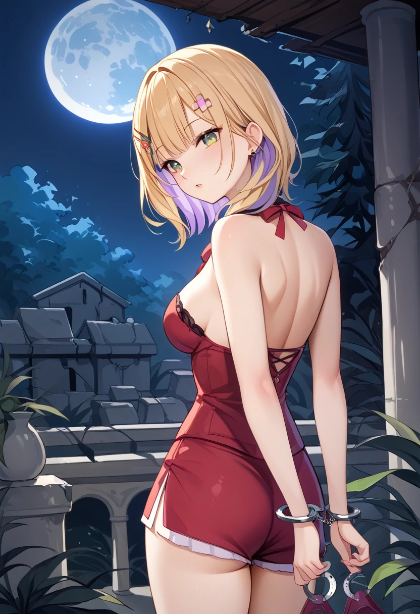 ((Highest quality))、(masterpiece)、moon、night空、night,ruins、Grassland、(Girl under the tree)Subjective、(back view)looking back、arms behind back、(handcuffs)、Standing、1glr,(Red innerwear)、(Black pants)(colored inner hair　Blonde + purple inner hair))、score_9, score_8_up, source_アニメ,, NoahSleepwear, medium hair,、)Emerald Eyes、medium breasts、pointy breasts、Purple hairpin、(Doctor&#39;s coat)、、In the shadows、、、、、(drunk:1.2)
