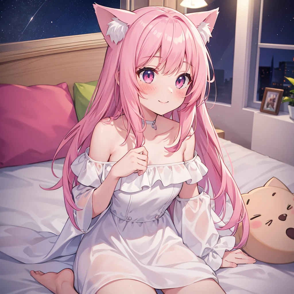 1girl, highly detailed, masterpiece, best quality, 8k, ultra-detailed, photorealistic, (realistic:1.37), sharp focus, studio lighting, vivid colors, physically-based rendering, professional, young girl, child, blushing, smiling, off-shoulder dress, white dress, pink hair, long hair, cat ears, fox tail, night, sitting on bed, low angle