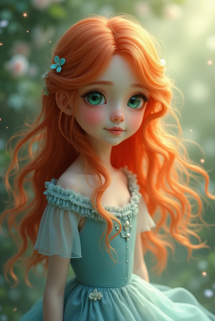 Girl with long wavy red hair, green eyes, sweet look and blue dress