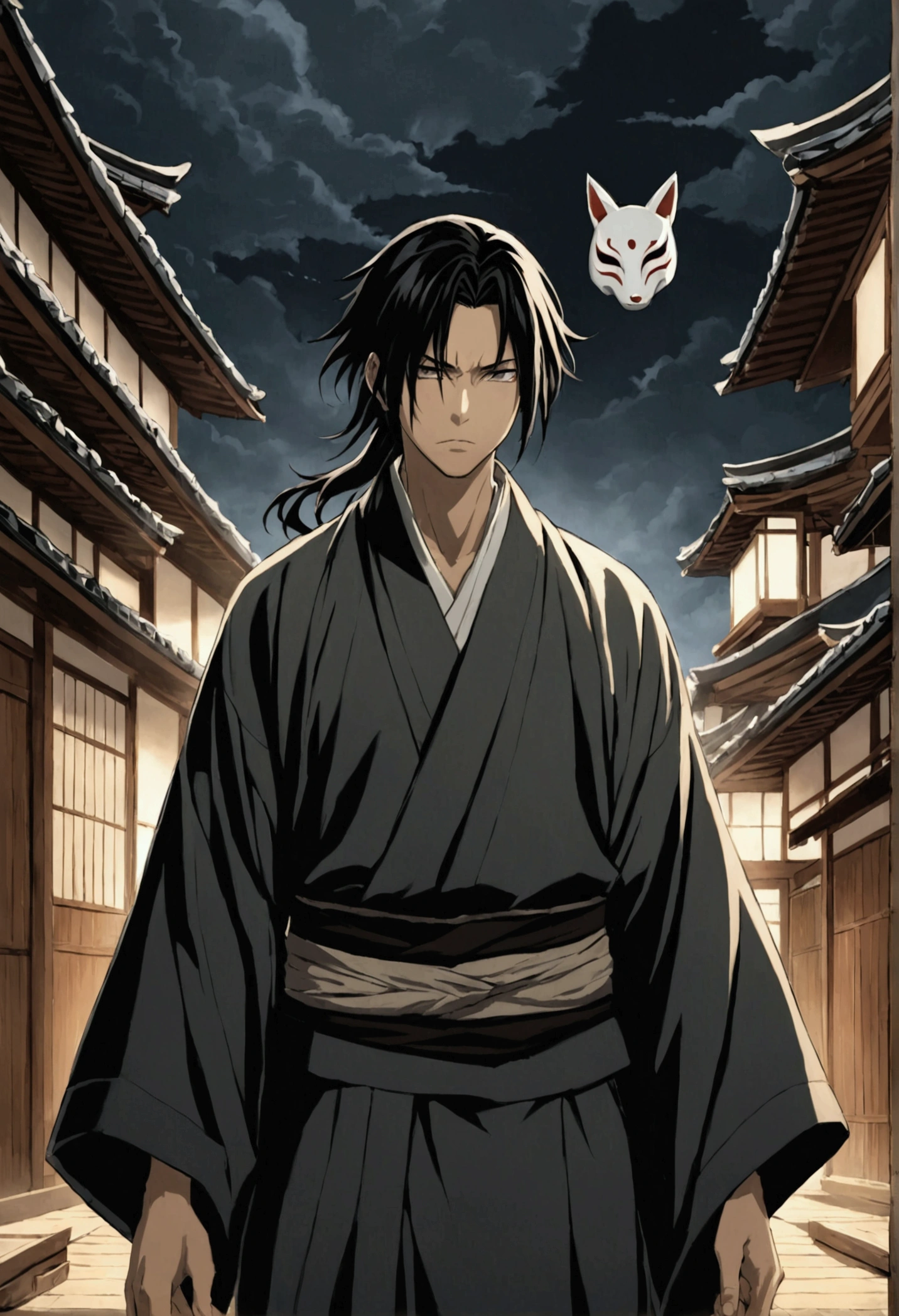 Here is the updated prompt for your book cover:
```
"Cover image for an isekai book. At the center, Renji Takashi, a 17 year old with fair skin, straight medium black hair, and dark eyes that convey sadness and tiredness. He is wearing a worn and faded kimono, staring at the reader with an expression of anguish. Behind him, a shadowy ghost with long, disheveled hair, dressed in torn kimono fragments and wearing a broken Japanese fox mask, is approaching. No fundo, a Kitsune no Men mask is visible, creating a dramatic contrast with the scene."
```
