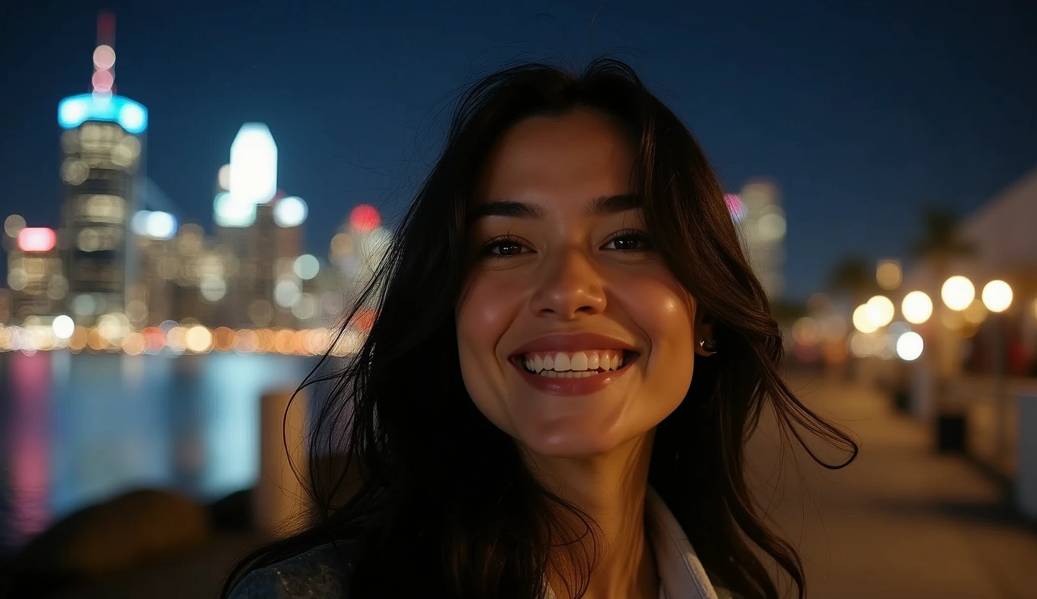 Actress Isabelle Fuhrman looking straight ahead, with a smile on his face,White skin, Her long, dark hair slightly disheveled by the breeze, In the background you can see the lights of the city at night, with illuminated skyscrapers and vibrant streets, the clear night sky with some stars visible, The image captures a feeling of joy and serenity, Photography,