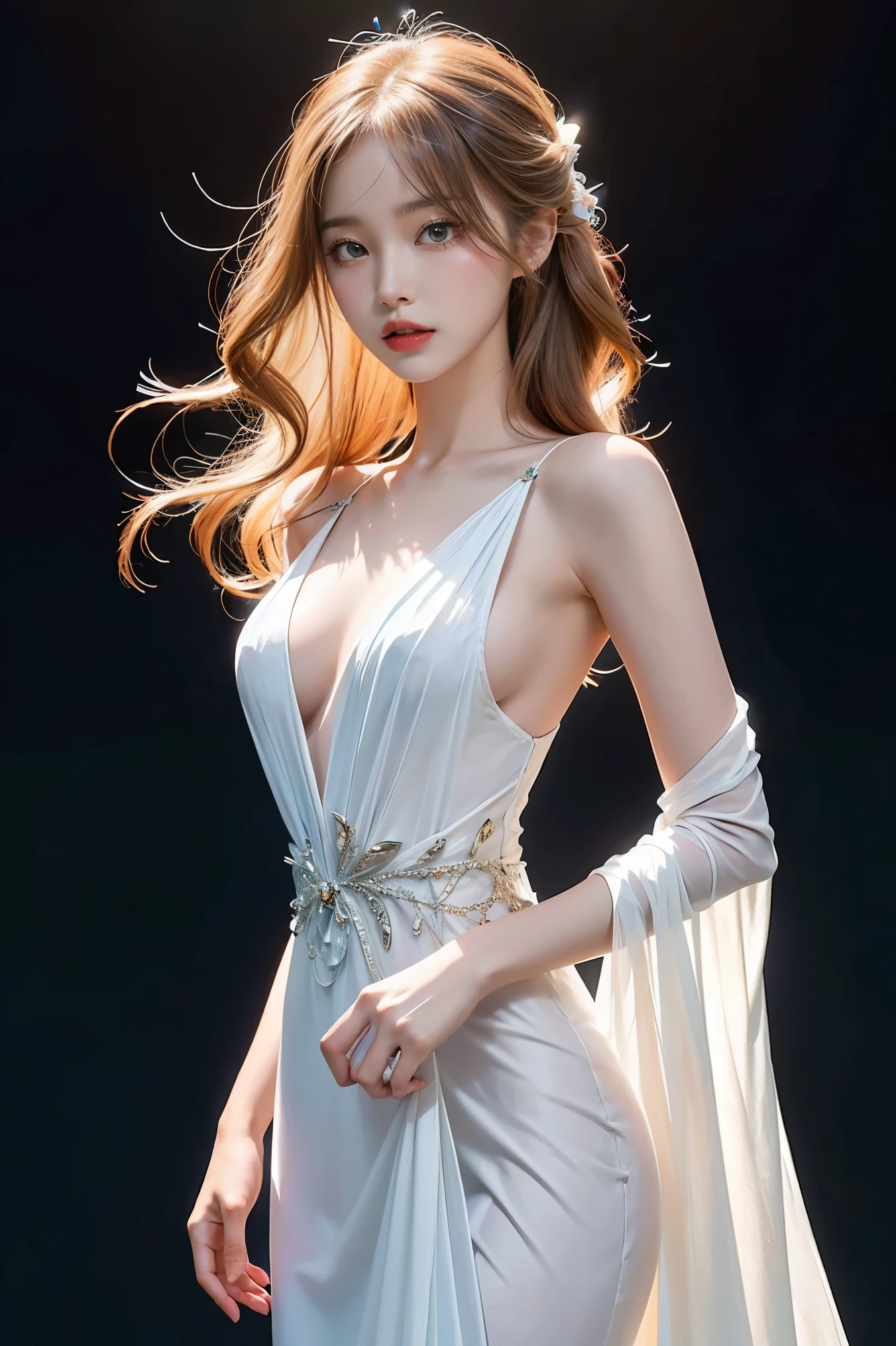 An exquisite anime-inspired high-fashion illustration of a woman standing confidently against a dark, gradient background. She wears a captivating sheer, white gown that gracefully flows, emphasizing her ethereal presence. The translucent fabric reveals her silhouette, adding depth and intrigue to the image. Dramatic lighting highlights her fair skin tone and wavy hair, which cascades down her back. Her serene expression and poised posture exude confidence and elegance. This striking artwork masterfully combines elements of conceptual art, fashion, and anime, creating a poster-worthy 3D render that is both aesthetically pleasing and inspiring.