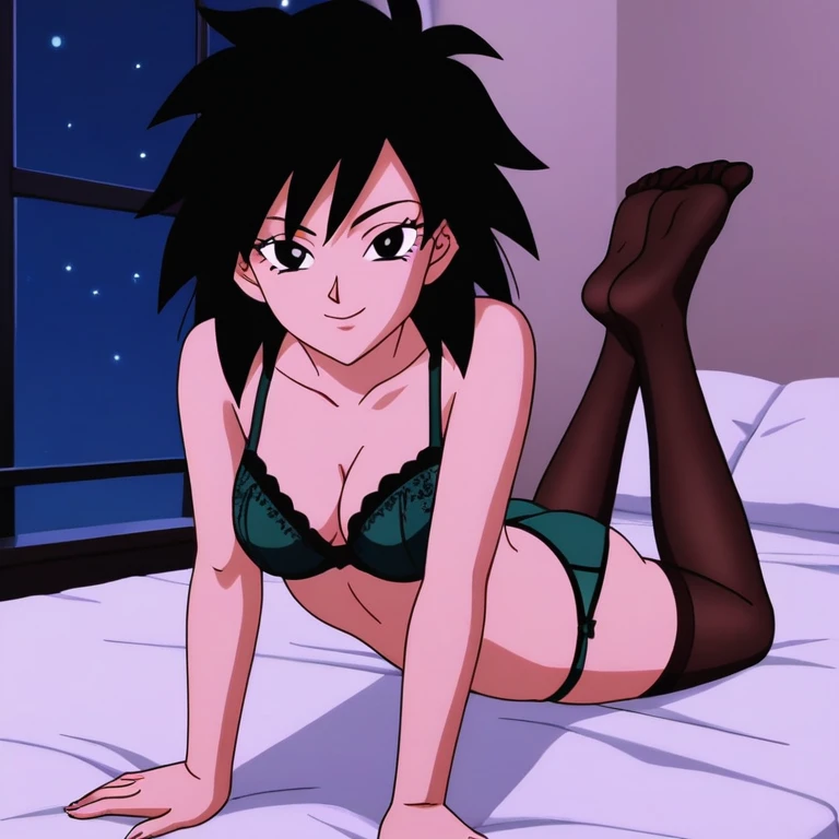 source_anime, score_9,score_8_up, score_7_up, ginedb, anime screencap, night club, night, bed,
1girl, solo, looking at viewer, black hair, smile, close mouth, medium hair, black eyes, spiked hair, eyelashes, masterpiece, best quality, very aesthetic, absurdres,
Full body, medium breasts, medium breasts, skinny body, little woman,  woman,
Liying on bed, feets, toes, perfect toes, ass, ass appears, seen from velow, 
Lingerie, girl lingerie, sexy lingerie, midnightgreen bra, midnightgreen panty, transparent tights, black tights