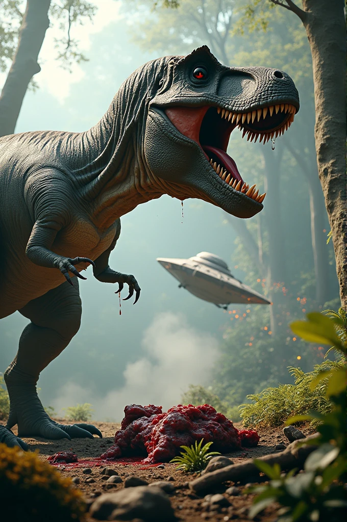 A Tyrannosaurus Rex watches a small spaceship crash while devouring its prey.