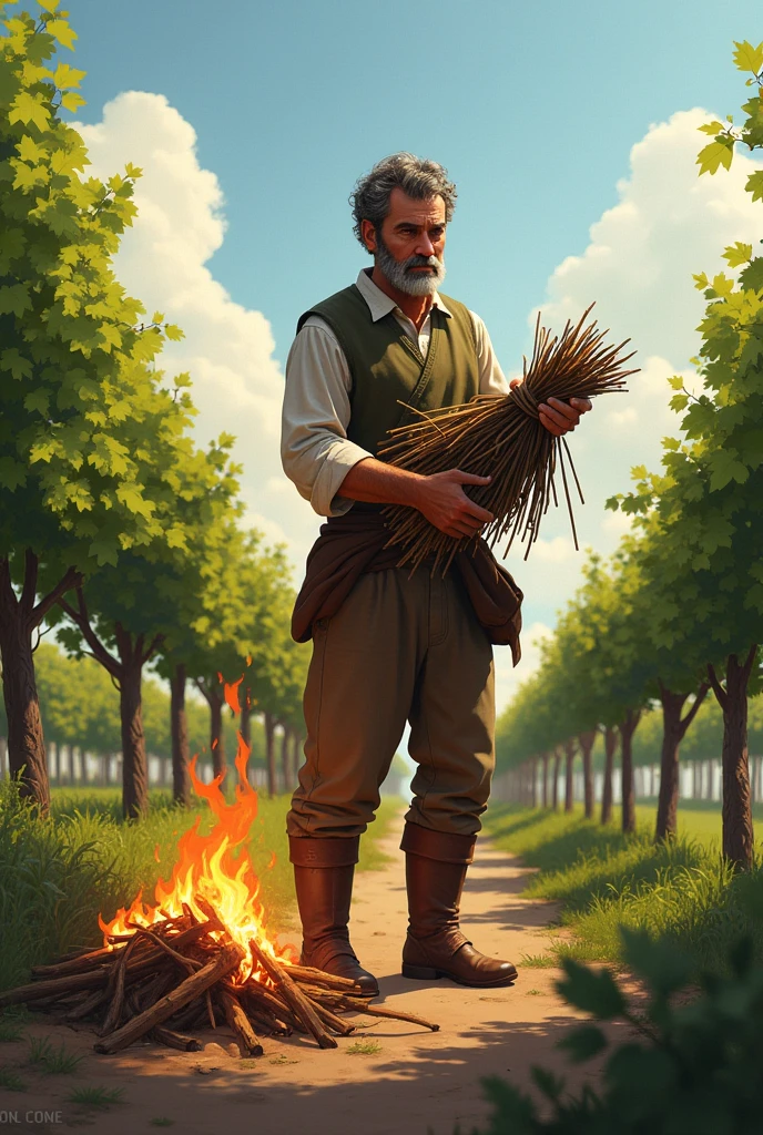 Generate a peasant with a shirt with long sleeves, long pants and boots looking at a large fire and throwing a bundle of branches with dry, thin and long leaves with both his hands into the fire in the middle of a vineyard 