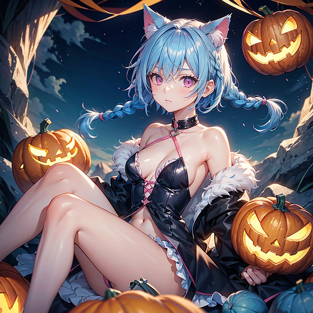 (Sky blue hair),(Braided short hair), (Pink Eyes),Fair skin) ,(whole body),(One Girl),(There are lots of pumpkin ghosts in the background),Cat ear,Cat&#39;s Tail,(Sailor suit),(Ahegao),(Fall into Darkness),If you don't give me sweets, I'll play a prank on you.),Halloween Night Party),(masterpiece, Highest quality, Very detailed, Best Shadow), (Detailed Background), (Beautifully detailed face), High Contrast, (Best lighting, Very delicate and beautiful), ((Cinematic Light)), Hyper Detail,8k, Dramatic Light, Intricate details,night,(Bats flying in the background),High quality