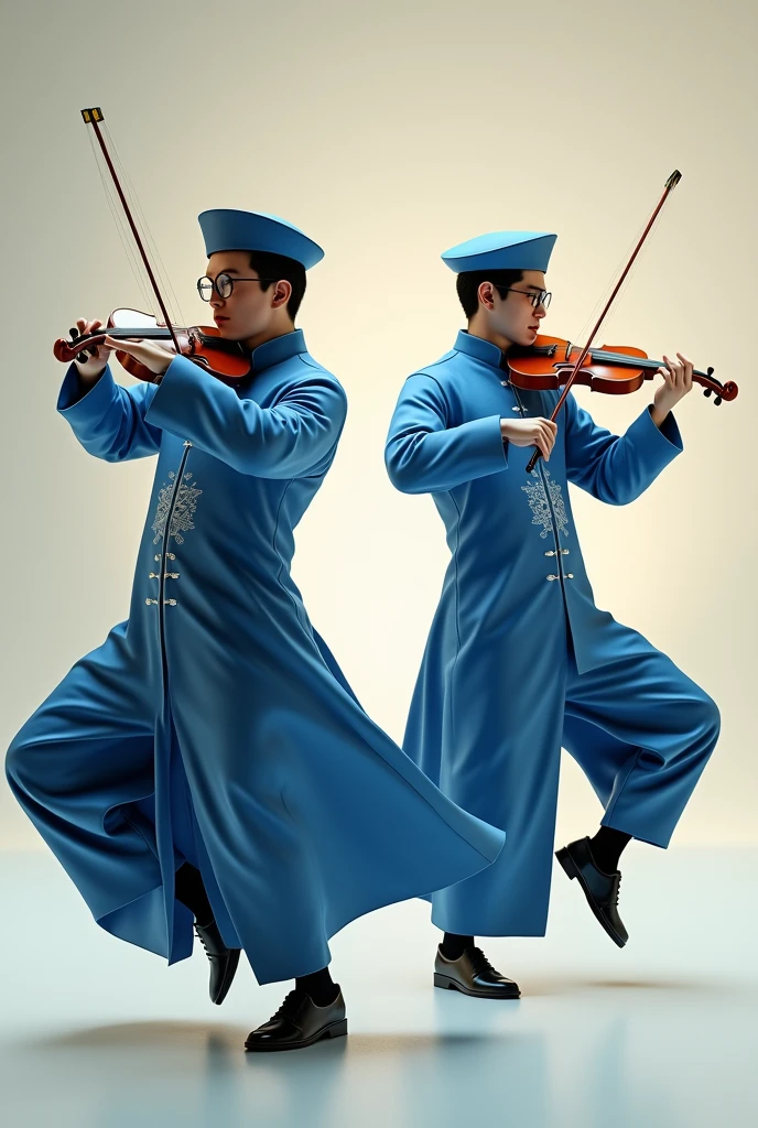 Two Chinese kung fu sion harpists in blue suits and blue hats and round glasses