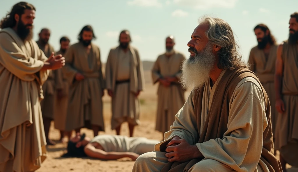 A man with a long white beard and slightly long hair, wearing old traditional clothes from the time of the Children of Israel, prays to God, surrounded by men wearing simple old clothes, and among them is a dead body lying on the ground in a quiet place. The sky is sunny and the atmosphere is calm. 