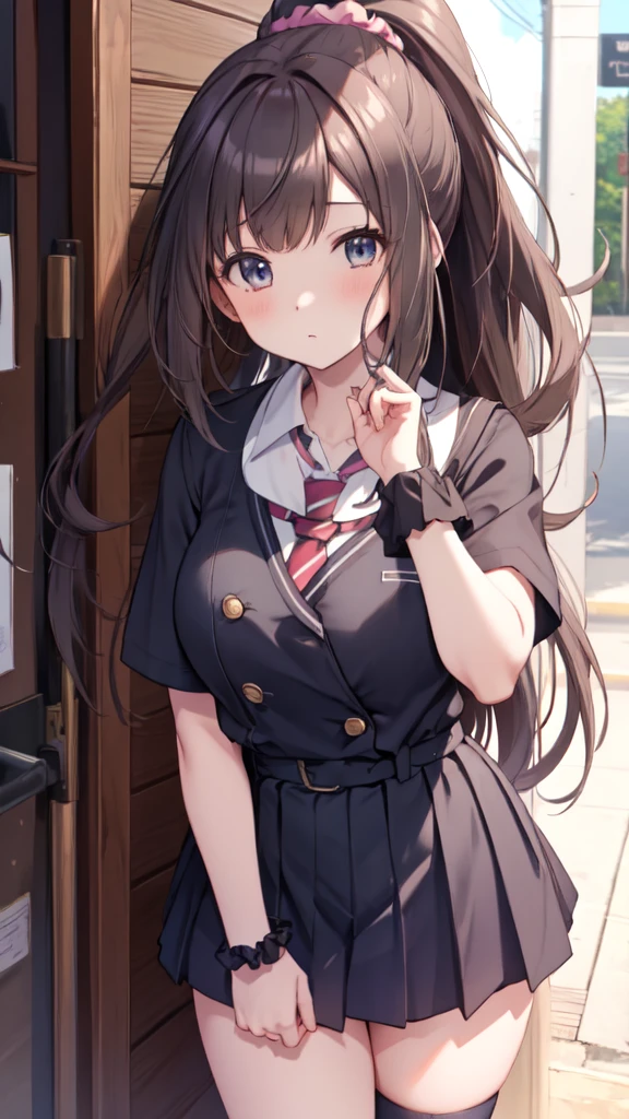 Pov、standing,(reaching out:1.3)、(high ponytail:1.3)、(school uniform, short sleeve:1.3)、a miniskirt、(hair adornments:1.2)、(Wrap a scrunchie around your left wrist:1.2)、(Black High Socks:1.3)、、clear eyes、8k、**** student、Top image quality、Masterpiece、perfect anatomia、Kogal、Plump thighs、piece sign、bich、schools、Absolute Area、huge tit