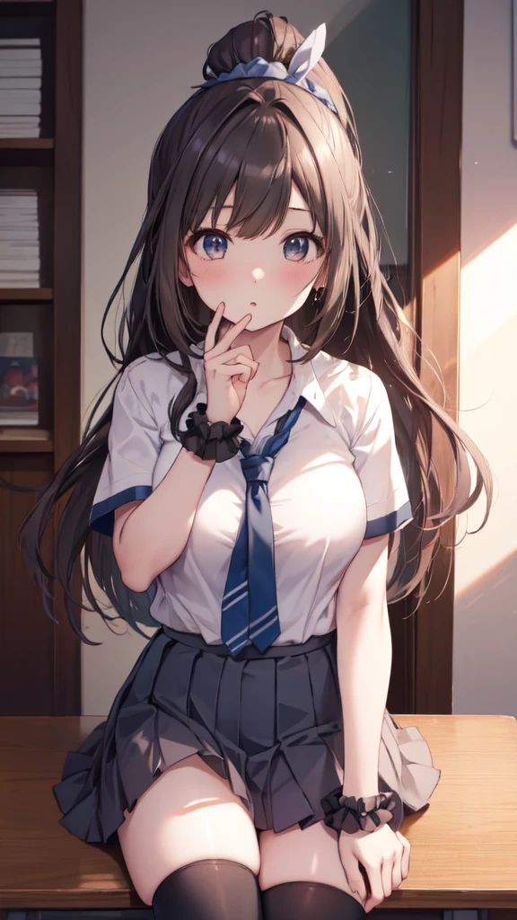 Pov、standing,(reaching out:1.3)、(high ponytail:1.3)、(school uniform, short sleeve:1.3)、a miniskirt、(hair adornments:1.2)、(Wrap a scrunchie around your left wrist:1.2)、(Black High Socks:1.3)、、clear eyes、8k、**** student、Top image quality、Masterpiece、perfect anatomia、Kogal、Plump thighs、piece sign、bich、schools、Absolute Area、huge tit