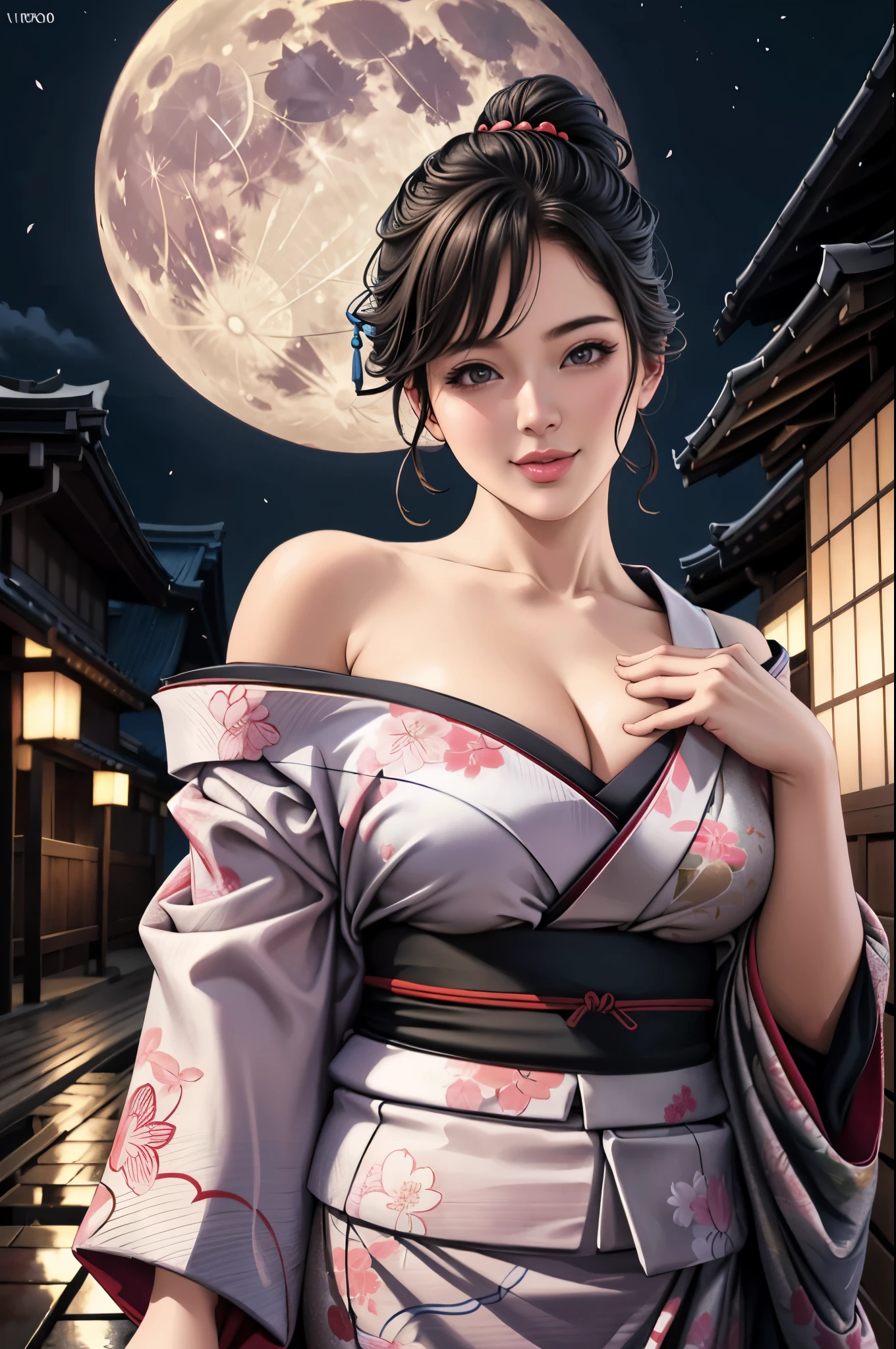 (Browsing Caution), (RAW Photos), (Realistic), (Photorealistic), Ultra-high resolution, masterpiece, Highest quality, Portraiture, facial Portraiture, Perfect lighting, Detailed lighting, Dramatic Shadows, Ray Tracing, Pure Eros Face_v1, Urzan-6500-v1.1, ((smile)), ((upper body:1.2)), ((random sexy pose)), looking at viewer, ((wearing a kimono)), ((off shoulders kimono)), ((holding a Japanese Katana)), ((in old Japanese street)), ((night)), ((full moon)), ((background with Cherry blossom)), ((Japanese tattoo)),