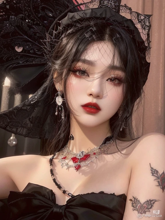Araffe woman in a black dress and a red necklace and a black hat, cruel korean gothic girl, gothic girl aesthetic, Jinyoung Shin, gothic aesthetic, South Korean popular makeup, ulzzang, wearing an intricate black choker, Jennie, retrato de Jennie de blackpink, wearing black choker, wearing gothic accessories, gothic aesthetic