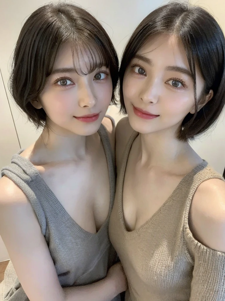 (masterpiece:1.3), (8k, Photoreal, Raw photo, best image quality: 1.4), Japanese high school girl、(random hairstyle:1.2)、cleavage:1.5、super detail face、eye for details、double eyelid、chest to chest、sharp focus:1.2、Beautiful woman:1.4、light brown hair、highest quality、masterpiece、超A high resolution、(Photoreal:1.4)、Highly detailed and professionally lit smiles、loose and light knitwear、shoulder out、thin、serious expression、short haired、deadly position
similar identical twins
All the girls have the exact same face, The two have the same face and figure, as if they were mirror images.