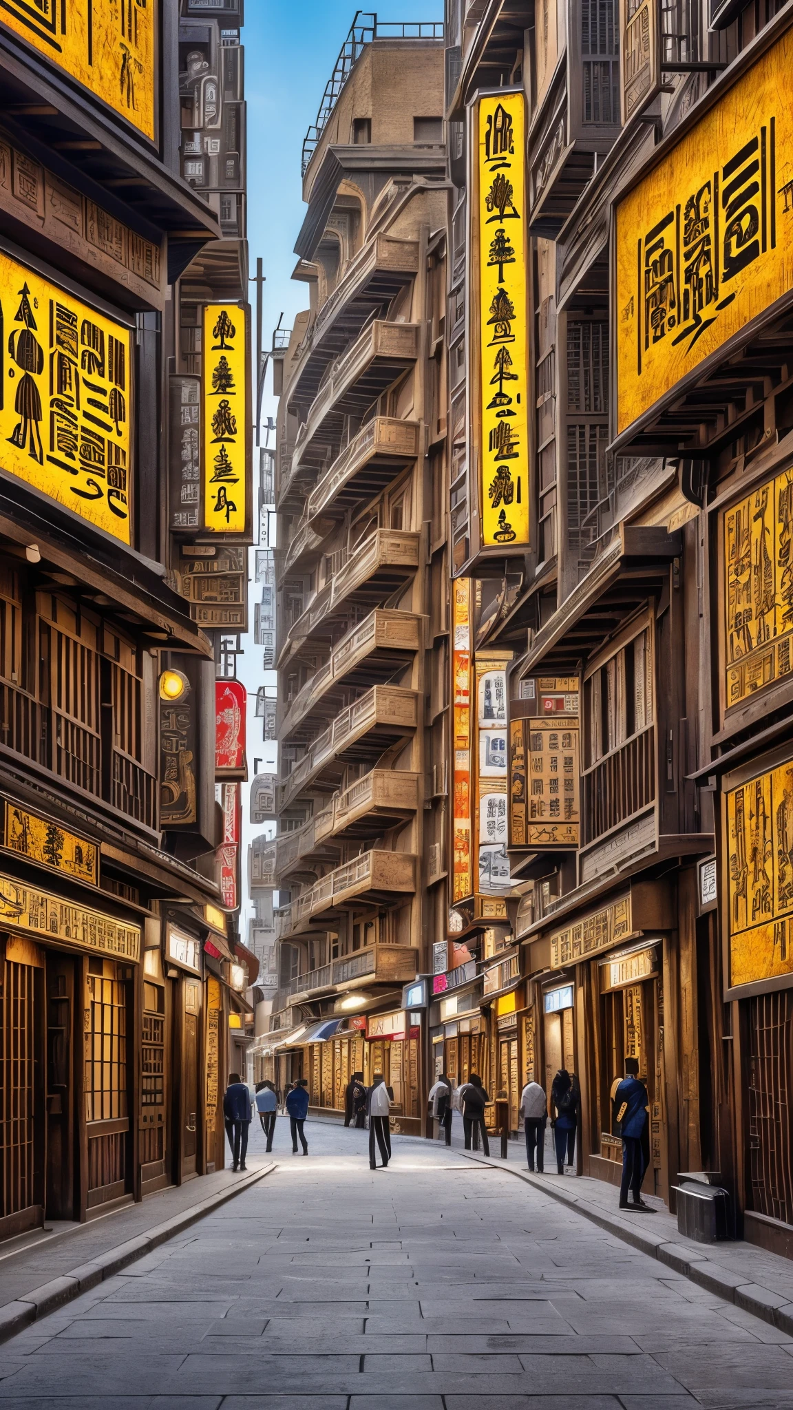 (absurdres, highres, ultra detailed),masterpiece,best quality,high resolution,8k, stunning clarity,,,Steampunk in the Edo Period、(Vivid hieroglyph signs and street advertisements:1.2)、,autumn、hieroglyph,souk、Shopping Street、Ancient Egyptian statues