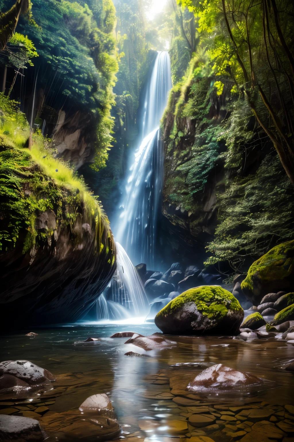 (Masterpiece, Best Quality, High Quality, Highres:1.4), Detailed, Extremely Detailed, Ambient Soft Lighting, 4K,Blurry, Blurry Background, Depth of Field, Bokeh, DOF, Fog, Bloom, Outdoors, (Nature, tropical forest:1.2), (Rocks:1.2), Mountais, Plants, waterfall,