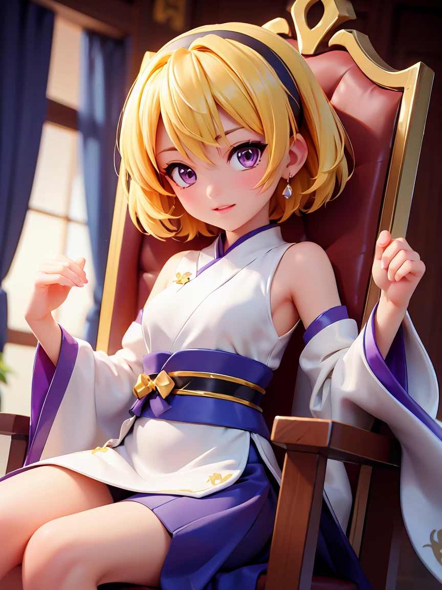 (houjou_Satoko), (Throne), Nice, gold and silver, silk, gem, flower and bird paintings, ancient China, Royal Family, Nice,Sitting, Wide sleeves, dress, Blurred, Sleeveless, Traditional Media, Braiding, Traditional attire, Cowboy Shot, 1 Female, (Yellow Hair), blonde, Purple eyes, short hair, hair band, Small breasts, 