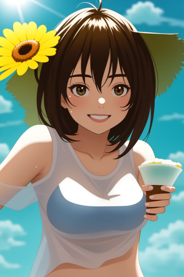 A smiling, sweaty girl in a t-shirt and Brazilian bikini holds a melted ice cream in the summer sun, with a bright blue sky and shining sun in the background.