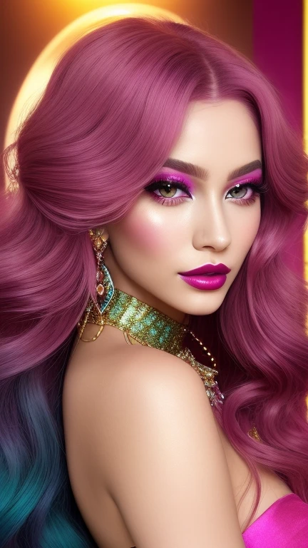 full body of a beautiful ethereal woman, her very long magenta hair cascading down in soft waves, framing a face of extreme detail and elegance. Her eyes, big and colorful, boast three gradient teal shades of eyeshadow and eyeliner, accentuating her double eyelids and long lashes. Rosy cheeks adding a touch of warmth to her ethereal beauty, and her skins glossy texture shines in the cinematic light, highlighting each and every realistic pore and Wrinkle. Full lips adorned with golden glitter on her lipstick, complementing the magenta and teal jewels she wears around her neck and wr
