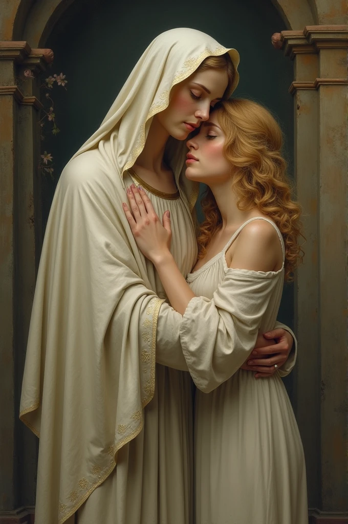 a blonde, curly, medium hair, hugging our lady
