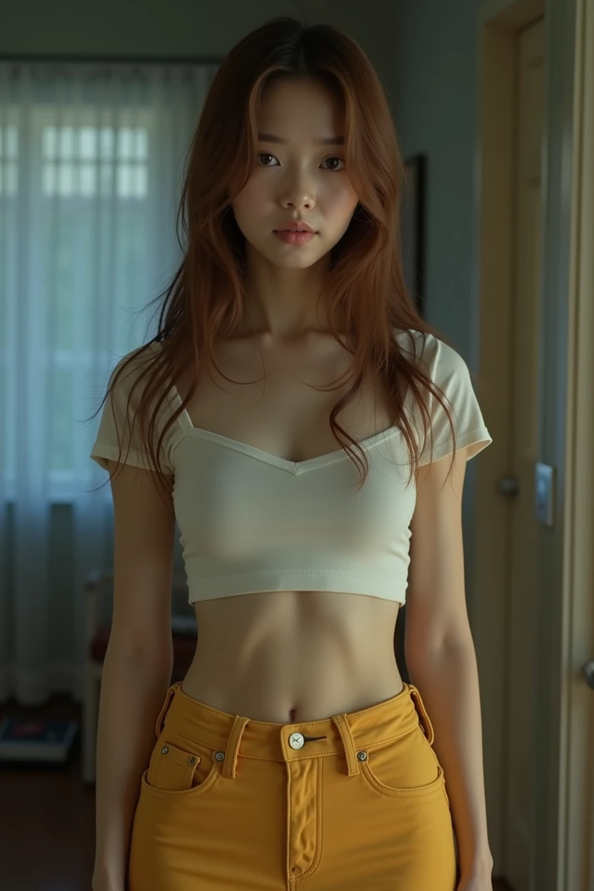 
(masterpiece, best quality), whole body, Single Woman, Beautiful 20 year old Korean female model,Long hair latex skin, Short t-shirt that reveals the chest, jeans, cinematic realism, (Action TV Shows), cute pose, Middle chest, cute expression chaos, Perfect pupil, A face depicted in insane detail, sexy, film grain, HD, 8k, Stereoscopic lighting, light brown hair, Dimly illuminated, Cool colors, head backlight, Ear backlight, Stereoscopic lighting, 8k, perfect eyes, Perfect pupil, Expressive eyes, particle fx, Fog, Fog 잔해, Thick strokes, My breasts are large, F cup size., She is wearing a yellow skirt that shows her sternum and her insides are visible.. 

She is wearing panties that show off her chest and body.