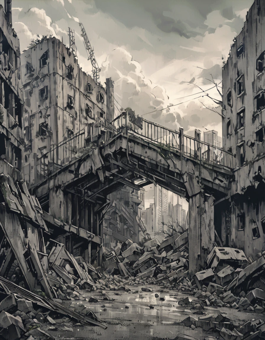 a war-torn bridge, detailed battle-damaged environment, post-apocalyptic atmosphere, cinematic lighting, gritty realism, dramatic composition, muted color palette, weathered textures, highly detailed, intricate architectural elements, dramatic cloudy sky, ruined buildings, debris field, rusty metal, cracked concrete, shattered glass, overgrown vegetation, best quality, 8k, HDR, cinematic, photorealistic, dramatic lighting, muted color palette, dystopian, concept art style