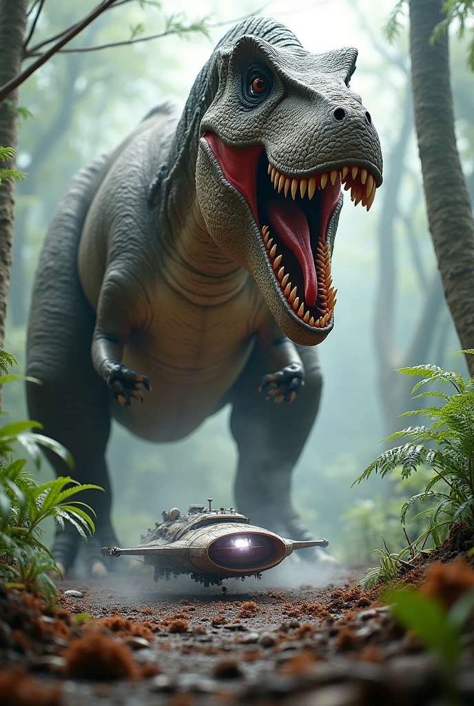 A Tyrannosaurus Rex watches a small spaceship crash while devouring its prey.