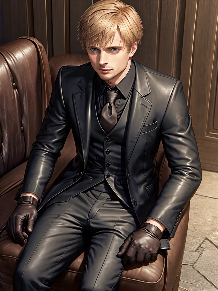 Bradley James, sitting in a leather seat, wearing black leather gloves and a suit. Holding a whip. Dramatic.