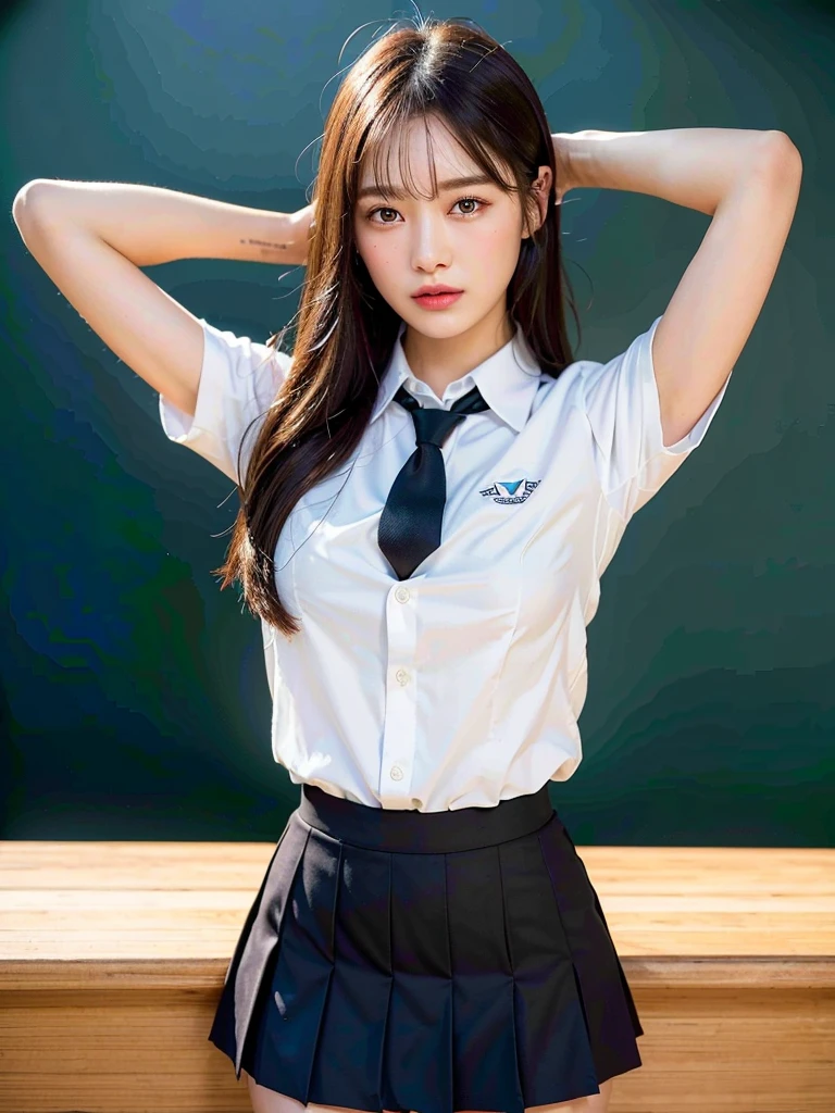 (masterpiece:1.3), (8k, Realistic, RAW Photos, Best image quality: 1.4), (Random Hairstyles:1.2)、(Highly detailed face)、Attention to detail、double eyelid、(Dark Eyes),(Sharp focus:1.2)、((whole body:1.5)),One Woman、Beautiful woman:1. 4,20-year-old woman、smile,Woman with a perfect body,Beautiful Abs,Chest-length hair、Highest quality、masterpiece、Ultra-high resolution、(Realistic:1.4)、super high quality、Symmetrical face、The face is very realistic、Photo level、8k最高画質はフル、Sebaceous reflex、The face is very realistic、Extremely realistic skin、Realistic light and shadow effects、(Pure and elegant girl),Professional Lighting、((Swayback stance)),(((Beautiful thighs))),(Sexy pose,Seductive pose),Recurve your hips back,Bend your waist,((dance,dance,Dancing)),((School classroom,blackboard)),((Underarm)),(((School Uniform:1.3,Skirt too short,White Shirt))),tie,(((Accentuate your butt))),(Panties are slightly visible),