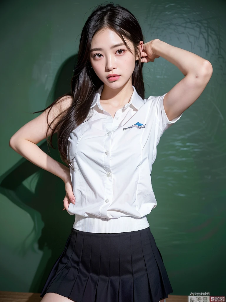 (masterpiece:1.3), (8k, Realistic, RAW Photos, Best image quality: 1.4), (Random Hairstyles:1.2)、(Highly detailed face)、Attention to detail、double eyelid、(Dark Eyes),(Sharp focus:1.2)、((whole body:1.5)),One Woman、Beautiful woman:1. 4,20-year-old woman、smile,Woman with a perfect body,Beautiful Abs,Chest-length hair、Highest quality、masterpiece、Ultra-high resolution、(Realistic:1.4)、super high quality、Symmetrical face、The face is very realistic、Photo level、8k最高画質はフル、Sebaceous reflex、The face is very realistic、Extremely realistic skin、Realistic light and shadow effects、(Pure and elegant girl),Professional Lighting、((Swayback stance)),(((Beautiful thighs))),(Sexy pose,Seductive pose),Recurve your hips back,Bend your waist,((dance,dance,Dancing)),((School classroom,blackboard)),((Underarm)),(((School Uniform:1.3,Skirt too short,White Shirt))),tie,(((Accentuate your butt))),(Panties are slightly visible),