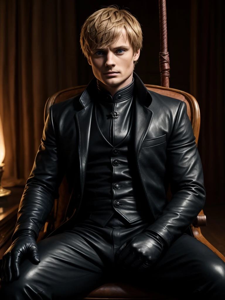 Bradley James, sitting in a leather seat, wearing black leather gloves and a suit. Holding a whip. Dramatic.