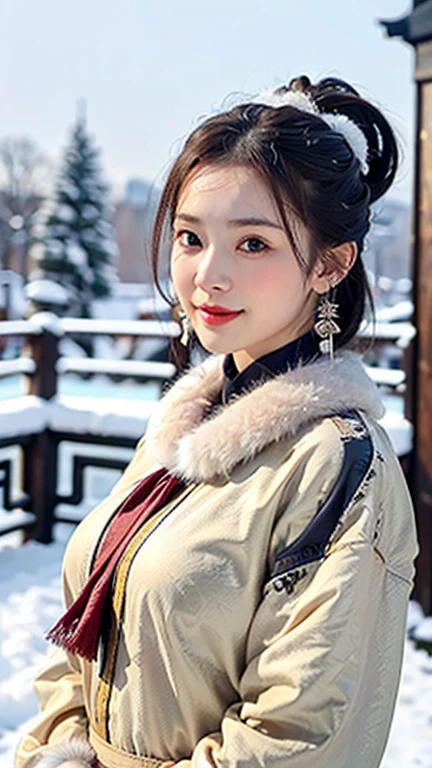 (1 girl, youthful gorgeous Chinese Lady,  brown_eyes, brown_hair, coat, cross_earrings, earrings, fur, fur trimmed_coat, fur_collar, fur_scarf, fur_trim, jewelry, winter_clothes, ancient China, Traditional Hanfu, Pink Hanfu, Hanfu,

Detailed Facial Features, dimples, Kind smile, Red lips, short hair, bob hair, cute ponytail, upper_body, extremely detailed eyes, extremely detailed face, beautiful detailed lips, long eyelashes, arms close together, ears out, golden ratio face, golden ratio body, perfect body anatomy, huge breasts, big breasts, natural pose, random pose, 

(SNOW:1.3),
outdoors,  snow flakes, snow, winter,
(best quality, 4K, 8k, highres, masterpiece:1.2), ultra-detailed, (realistic, photorealistic, photo-realistic:1.37), HDR, uhd, studio lighting, ultra-fine painting, sharp focus, physically-based rendering, extreme detail description, professional, vivid colors, award-winning, bokeh, SFW, Safe for Work)