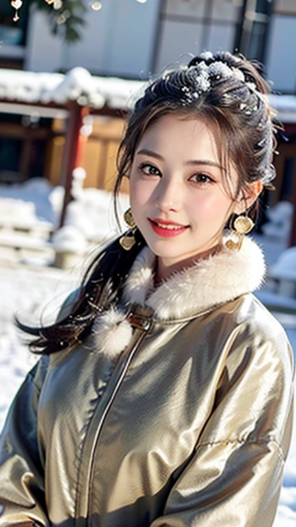 (1 girl, youthful gorgeous Chinese Lady, brown_eyes, brown_hair, coat, cross_earrings, earrings, fur, fur trimmed_coat, fur_collar, fur_scarf, fur_trim, jewelry, winter_clothes, ancient China, Traditional Hanfu, Pink Hanfu, Hanfu,
Detailed Facial Features, dimples, Kind smile, Red lips, short hair, bob hair, cute ponytail, upper_body, extremely detailed eyes, extremely detailed face, beautiful detailed lips, long eyelashes, arms close together, ears out, golden ratio face, golden ratio body, perfect body anatomy, huge breasts, big breasts, natural pose, random pose,
(SNOW:1.3),
outdoors, snow flakes, snow, winter,
(best quality, 4K, 8k, highres, masterpiece:1.2), ultra-detailed, (realistic, photorealistic, photo-realistic:1.37), HDR, uhd, studio lighting, ultra-fine painting, sharp focus, physically-based rendering, extreme detail description, professional, vivid colors, award-winning, bokeh, SFW, Safe for Work)