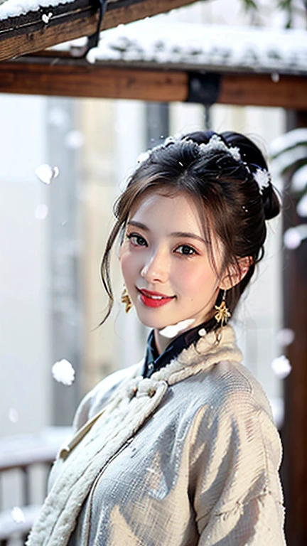 (1 girl, youthful gorgeous Chinese Lady,  brown_eyes, brown_hair, coat, cross_earrings, earrings, fur, fur trimmed_coat, fur_collar, fur_scarf, fur_trim, jewelry, winter_clothes, ancient China, Traditional Hanfu, Pink Hanfu, Hanfu,

Detailed Facial Features, dimples, Kind smile, Red lips, short hair, bob hair, cute ponytail, upper_body, extremely detailed eyes, extremely detailed face, beautiful detailed lips, long eyelashes, arms close together, ears out, golden ratio face, golden ratio body, perfect body anatomy, huge breasts, big breasts, natural pose, random pose, 

(SNOW:1.3),
outdoors,  snow flakes, snow, winter,
(best quality, 4K, 8k, highres, masterpiece:1.2), ultra-detailed, (realistic, photorealistic, photo-realistic:1.37), HDR, uhd, studio lighting, ultra-fine painting, sharp focus, physically-based rendering, extreme detail description, professional, vivid colors, award-winning, bokeh, SFW, Safe for Work)