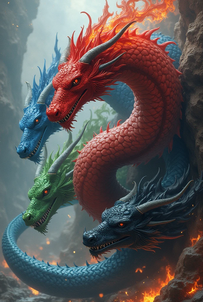 A tiamat dragon with five heads, one of each color, D&D style Hyperrealistic, splash art, concept art, mid shot, intricately detailed. Red head in the middle, Blue head,Green head, White head and black head. The dragon must be breathing fire from all his five heads Dnd dragon