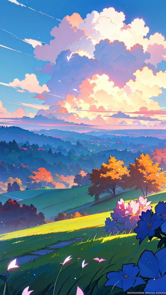 Anime landscape of a field with flowers and airplanes in the sky, beautifull puffy clouds. Anime, anime clouds, anime countryside landscape, Anime landscapes, by Ross Tran. scenic background, detailed scenery —width 672, rhads and lois van baarle, style of makoto shinkai, studio glibly makoto shinkai