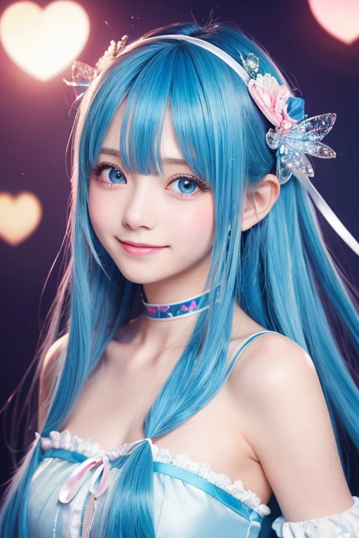Long Hair, smile, blue eyes, chest, ribbon, Blue Hair/Light blue hair, ribbonヘアアクセサリー, Sparkle Effect, Highest quality, bangs, Bun Hair, Hair that falls over the shoulders, Heart-shaped ahoge, Hide your ears, smile, Close your mouth, Bright Eyes, Light blush, Open your eyes, Sparkling eyes, ribbon, Headpiece, Headband, ribbonヘアアクセサリー, Illustration, Anime