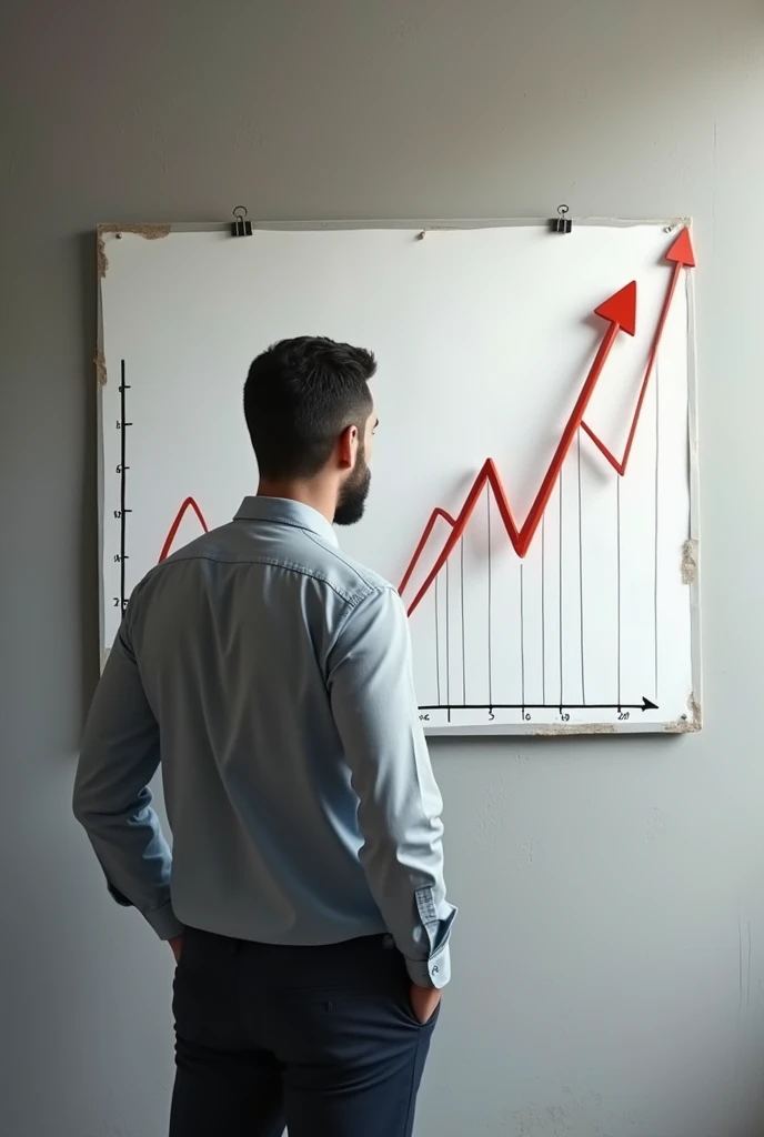 Create a rising graph as realistic as possible, pasted on the wall with a moving arrow, with a man with his back turned looking at the graph representing progress and continuous improvement in sex life and relationship.