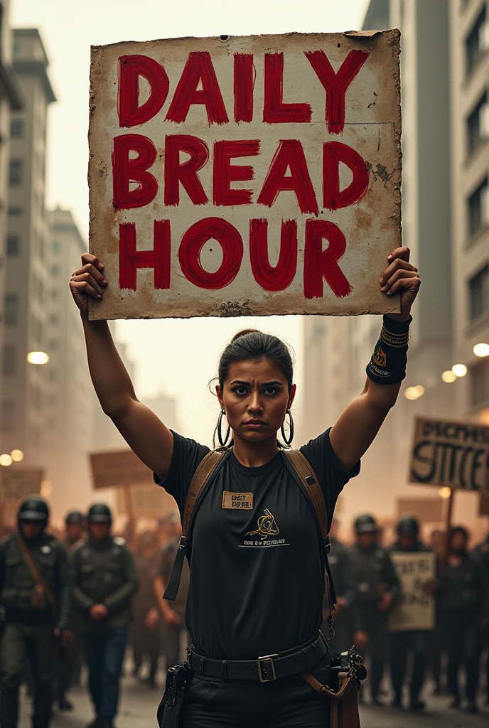 A Militant holding the placard of " DAILY BREAD HOUR " make it nicer 
