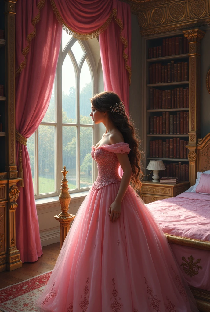 Princess with brown hair and wearing an elegant pink dress in a castle. Her bedroom has a pink canopy bed and a book shelf. It is an autumn day and raining outside the window. In the style of a painting.