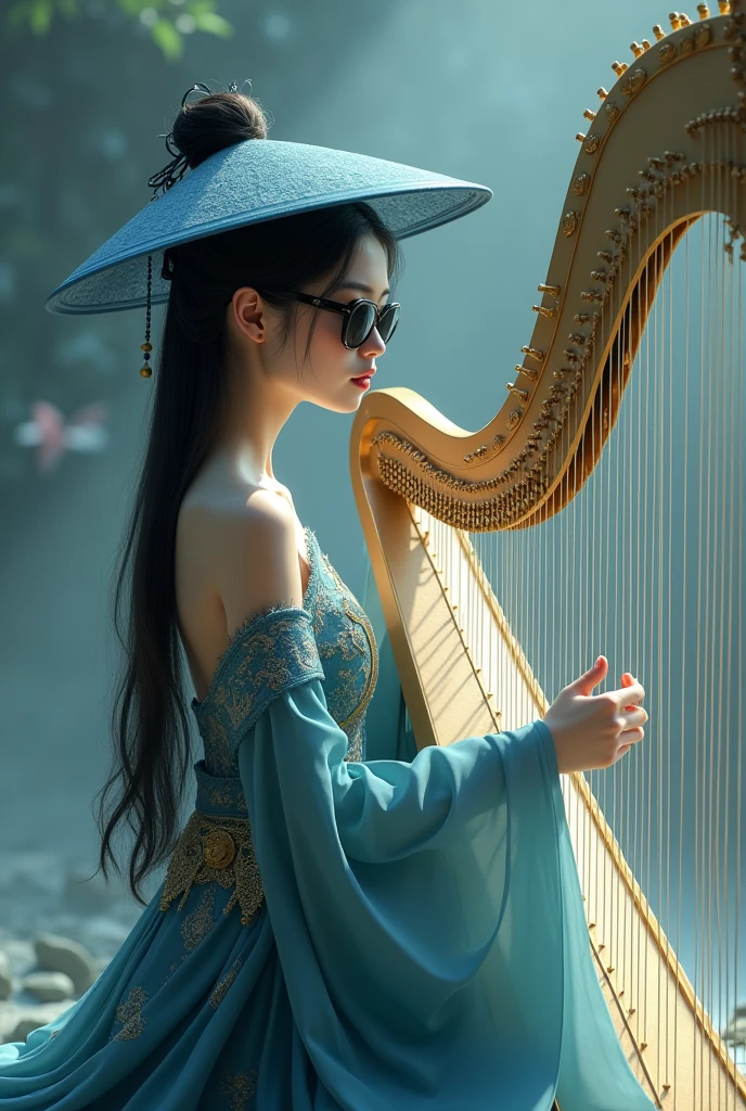 Harpist in Chinese costume, round blue hat, dark glasses
